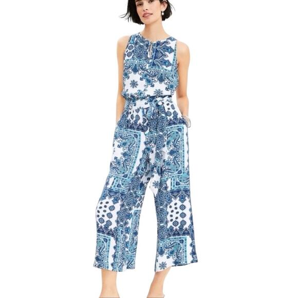 LOFT Pants - LOFT Paisley Print Wide Leg Cropped Jumpsuit Blue and White Size Medium